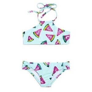 NWT PilyQ Girls Fresca Watermelon Embroidered High Neck Bikini Set Sz. 2